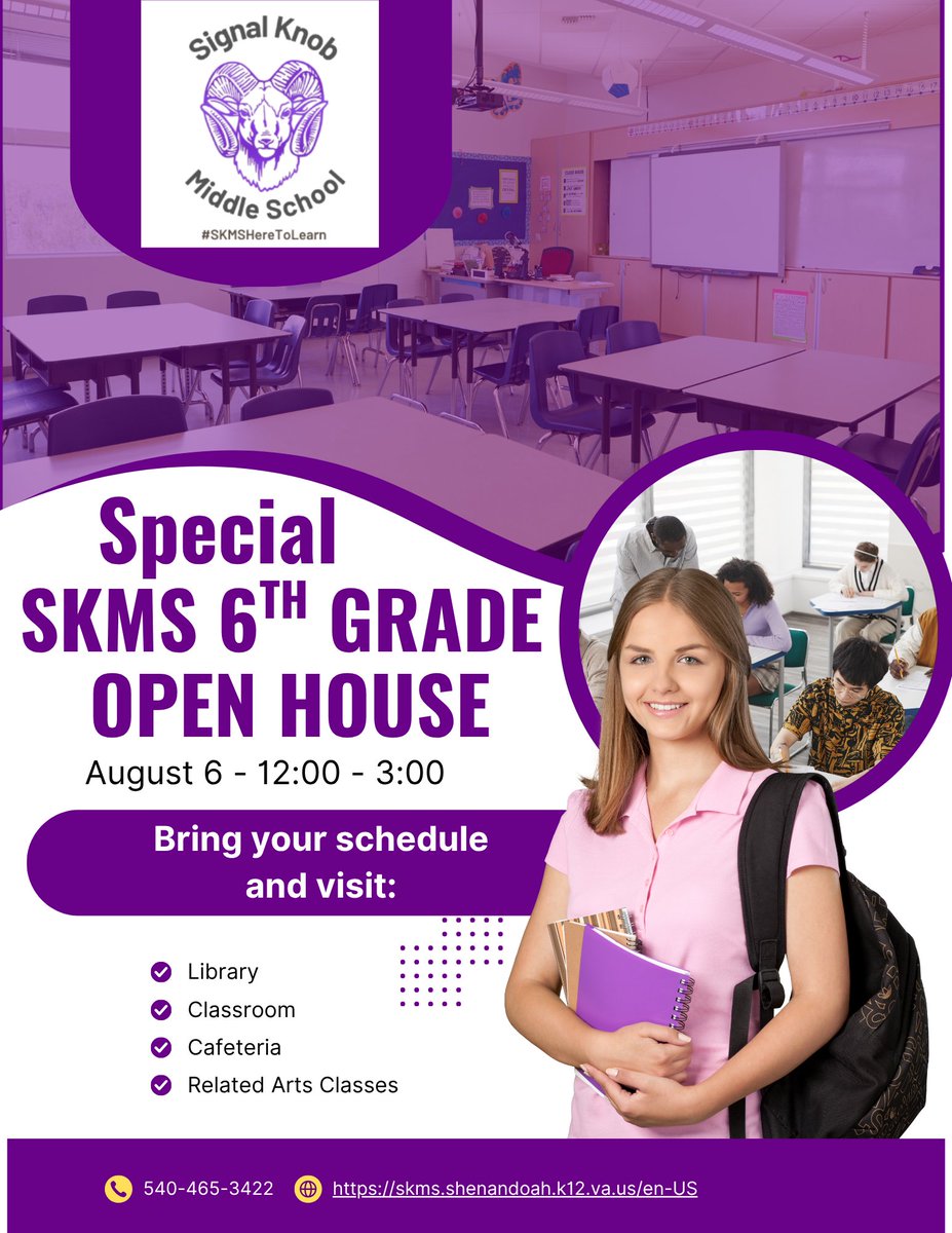 Rising 6th grade students are invited to come to a special SKMS Open House on Wednesday, August 6. Parents can drop off students between 12:00 - 12:30 pm and will not stay with the children. Students will be able to visit classes and meet teachers.