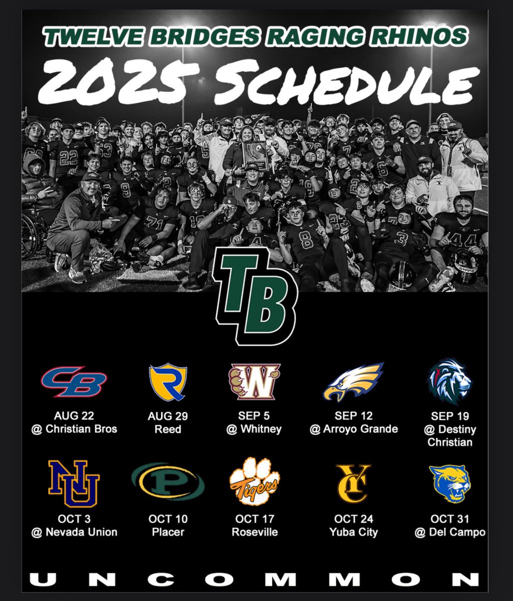 🚨Twelve Bridges is proud to announce our most challenging schedule yet. The 2025 Raging Rhinos are officially on the clock…

UNCOMMON results demand UNCOMMON sacrifice.