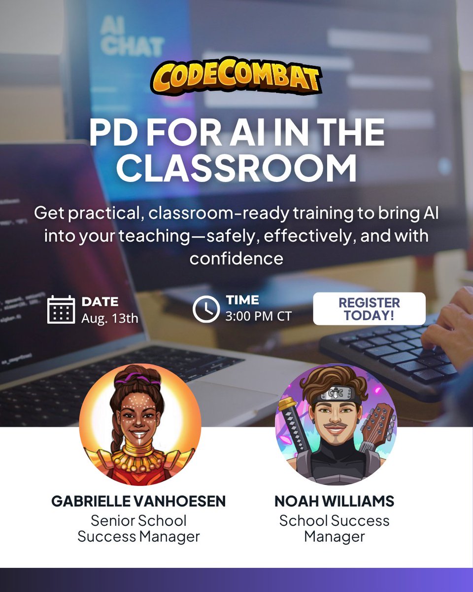 CodeCombat's tweet image. Join us for a FREE webinar: PD for AI in the Classroom
🗓 Date: August 13, 2025
🕒 Time: 3:00 PM CT
Leave with strategies, peace of mind, and a Certificate of Completion.
👉 Register now via the link in our bio!
#PDforTeachers #AIinEducation #EdTechWebinar #TeacherPD #AIEd