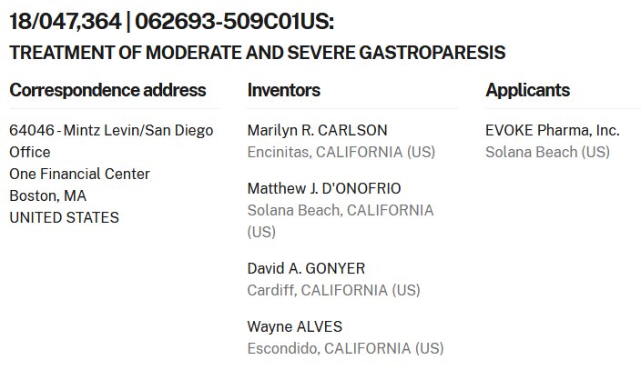 $EVOK Evoke Pharma will be issued US patent number 12,377,064 tomorrow titled "TREATMENT OF MODERATE AND SEVERE GASTROPARESIS".