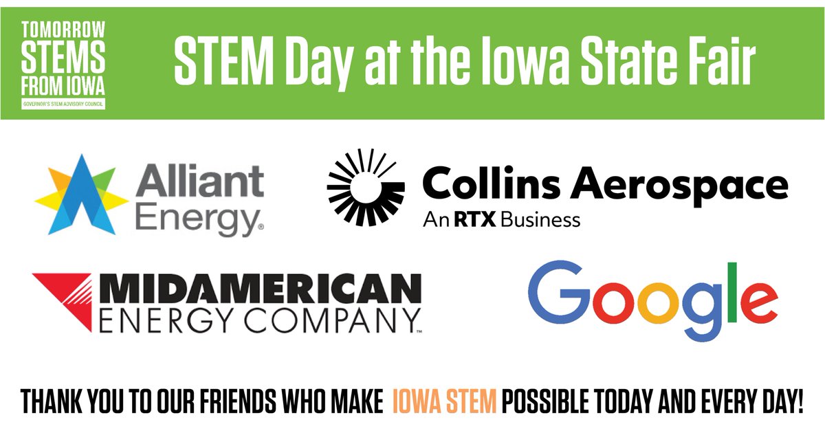 Iowa STEM (@iowastem) on Twitter photo We had so much fun at STEM Day at the Fair!
THANK YOU to our dedicated sponsors <a href="/Google/">Google</a>, <a href="/CollinsAero/">Collins Aerospace</a>, <a href="/alliantenergy/">Alliant Energy</a> and <a href="/MidAm_EnergyCo/">MidAmerican Energy</a> for your commitment to furthering STEM education across Iowa! 👏👏👏
We can't wait for #STEMDayIAFair 2026! We had so much fun at STEM Day at the Fair!
THANK YOU to our dedicated sponsors <a href="/Google/">Google</a>, <a href="/CollinsAero/">Collins Aerospace</a>, <a href="/alliantenergy/">Alliant Energy</a> and <a href="/MidAm_EnergyCo/">MidAmerican Energy</a> for your commitment to furthering STEM education across Iowa! 👏👏👏
We can't wait for #STEMDayIAFair 2026!