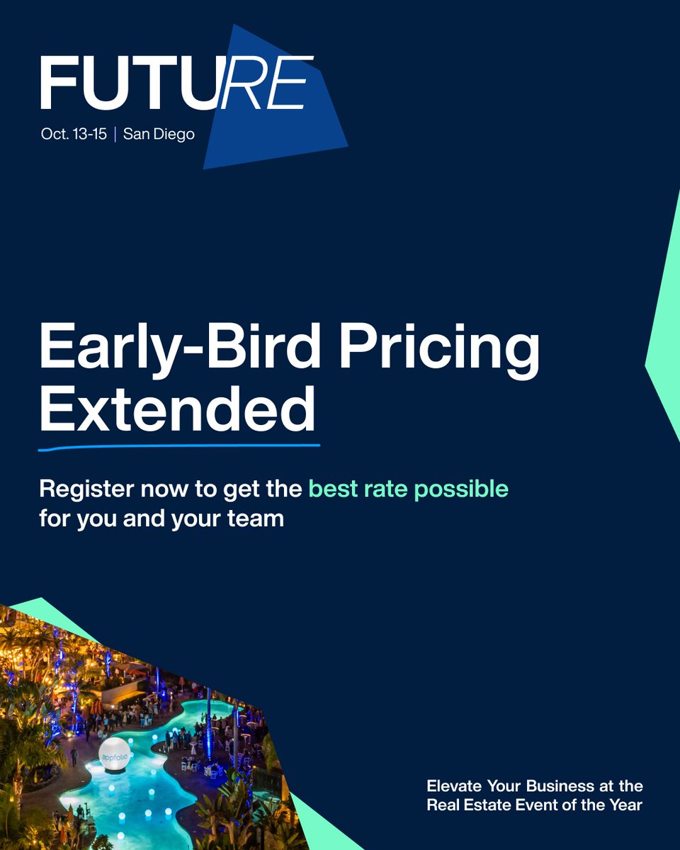 AppFolio's tweet image. Early-bird pricing for FUTURE 2025 has been extended for 2️⃣ more weeks! 🙌

Register by August 15 to secure your spot at the real estate event of the year for the best rate possible. bit.ly/3HgXK6b

#FUTURE2025 #FUTUREConference #RealEstate