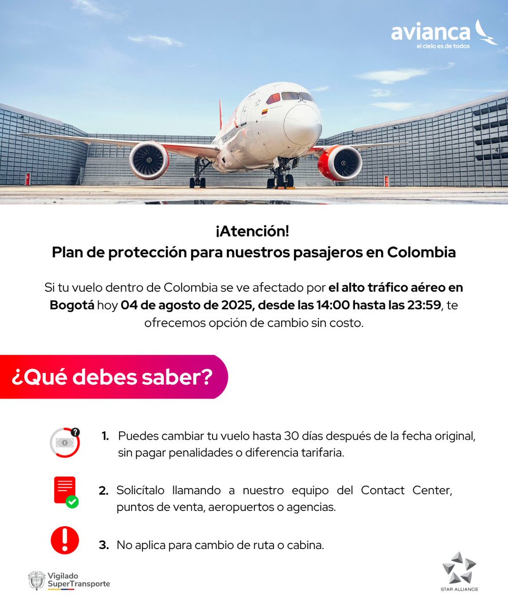 ¡Atención, viajero! ⚠️

Si tienes un vuelo dentro de #Colombia hoy 04 de agosto, esta información es para ti. Además, sigue tu vuelo aquí: cutt.ly/yrfinBkm. ✈️