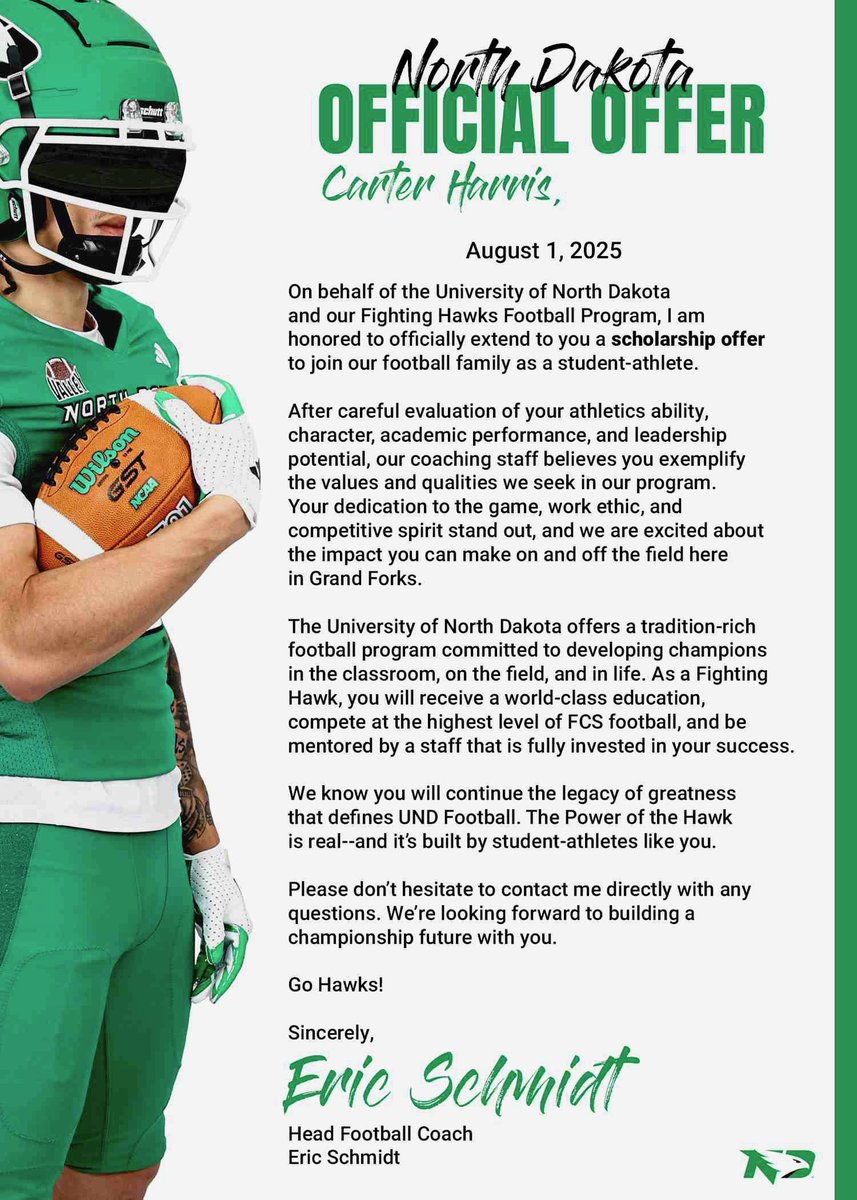 Carter Harris (@ct_harris7) on Twitter photo Blessed and excited for the opportunity!
#contagiousculture26 #JYDs <a href="/CoachBradshaw89/">Malik Bradshaw</a> @Coach_Schmidte <a href="/IsaacFruechte14/">Isaac Fruechte</a> <a href="/UNDfootball/">North Dakota Football</a> <a href="/UNDRecruiting/">UNDRecruiting</a> <a href="/alleneaglesfb/">Allen Eagles Football ⭐️⭐️⭐️⭐️⭐️</a> <a href="/RecruitAllen/">Allen Eagles Recruiting</a> <a href="/Houston_Patt/">Houston Patterson</a> <a href="/LarryWMcrae/">Coach Larry McRae</a> <a href="/CoachJRob56/">Coach Rob</a> <a href="/CoachLWig/">Lee Wiginton</a> Blessed and excited for the opportunity!
#contagiousculture26 #JYDs <a href="/CoachBradshaw89/">Malik Bradshaw</a> @Coach_Schmidte <a href="/IsaacFruechte14/">Isaac Fruechte</a> <a href="/UNDfootball/">North Dakota Football</a> <a href="/UNDRecruiting/">UNDRecruiting</a> <a href="/alleneaglesfb/">Allen Eagles Football ⭐️⭐️⭐️⭐️⭐️</a> <a href="/RecruitAllen/">Allen Eagles Recruiting</a> <a href="/Houston_Patt/">Houston Patterson</a> <a href="/LarryWMcrae/">Coach Larry McRae</a> <a href="/CoachJRob56/">Coach Rob</a> <a href="/CoachLWig/">Lee Wiginton</a>