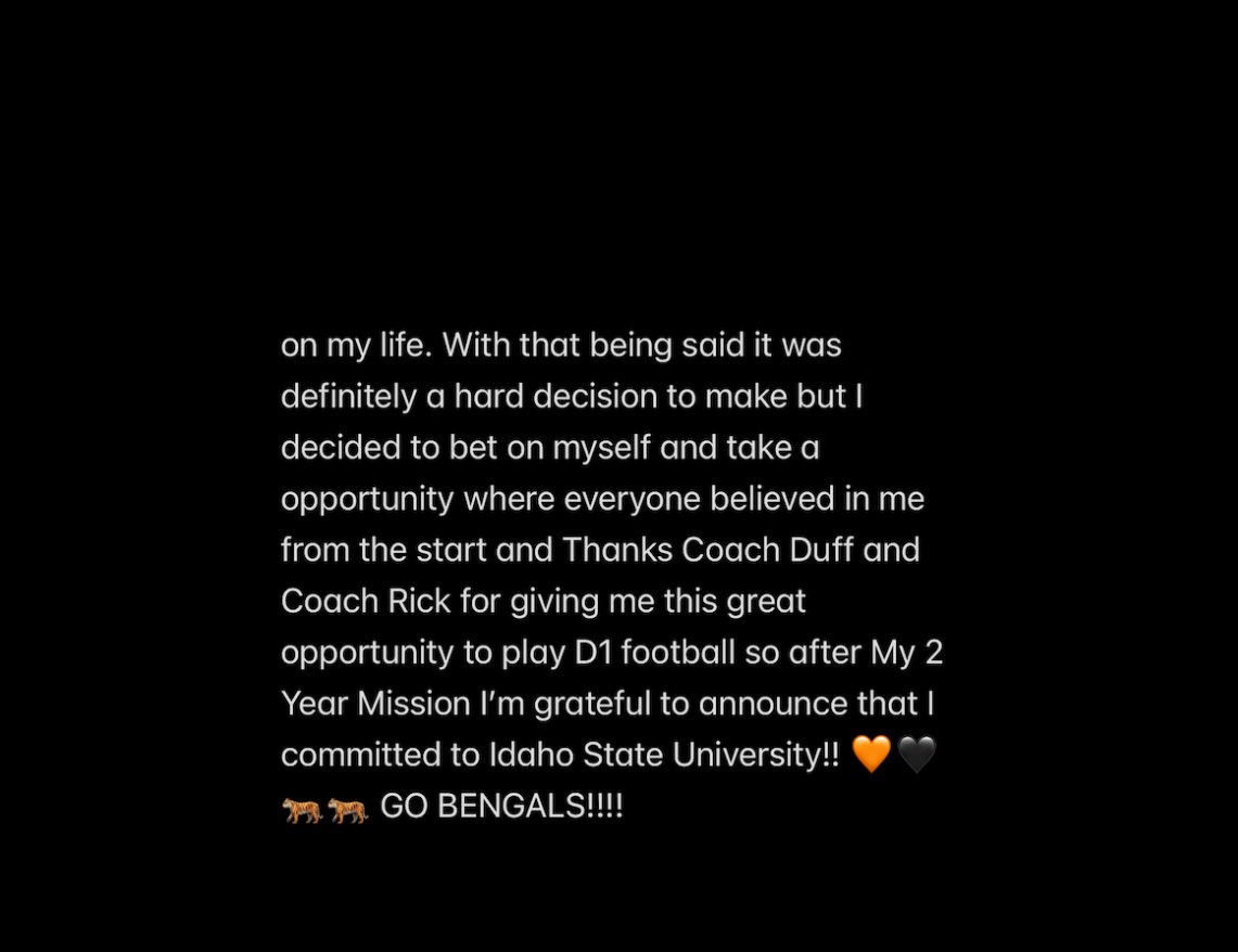 Garrett Miller (@garrettrmiller_) on Twitter photo COMMITTED!
“With men this is impossible; but with God all things are possible” Matthew 19:26
<a href="/gnduff/">Grant Duff</a> <a href="/coachaliifua/">Ricky Aliifua</a> <a href="/CodyHawkins/">Cody Hawkins</a> <a href="/BengalGridiron/">Idaho State Football</a> <a href="/TommyB_K/">Tommy Boyer-Kendrick</a> <a href="/GregPeach90/">Greg Peach</a> <a href="/NickFarman55/">Nick Farman M.S.</a> <a href="/JordanJ_/">Jordan Johnson</a> <a href="/BrandonHuffman/">Brandon Huffman</a> <a href="/Ryan_Clary_/">Ryan Clary</a> <a href="/coach_hadac/">Coach Isaac</a> <a href="/PantherMead/">Mead High School Panther Football</a> <a href="/MEAD_ATHLETICS/">Mead Panther Sports</a> <a href="/CoachStamps49/">Keith Stamps</a> COMMITTED!
“With men this is impossible; but with God all things are possible” Matthew 19:26
<a href="/gnduff/">Grant Duff</a> <a href="/coachaliifua/">Ricky Aliifua</a> <a href="/CodyHawkins/">Cody Hawkins</a> <a href="/BengalGridiron/">Idaho State Football</a> <a href="/TommyB_K/">Tommy Boyer-Kendrick</a> <a href="/GregPeach90/">Greg Peach</a> <a href="/NickFarman55/">Nick Farman M.S.</a> <a href="/JordanJ_/">Jordan Johnson</a> <a href="/BrandonHuffman/">Brandon Huffman</a> <a href="/Ryan_Clary_/">Ryan Clary</a> <a href="/coach_hadac/">Coach Isaac</a> <a href="/PantherMead/">Mead High School Panther Football</a> <a href="/MEAD_ATHLETICS/">Mead Panther Sports</a> <a href="/CoachStamps49/">Keith Stamps</a>