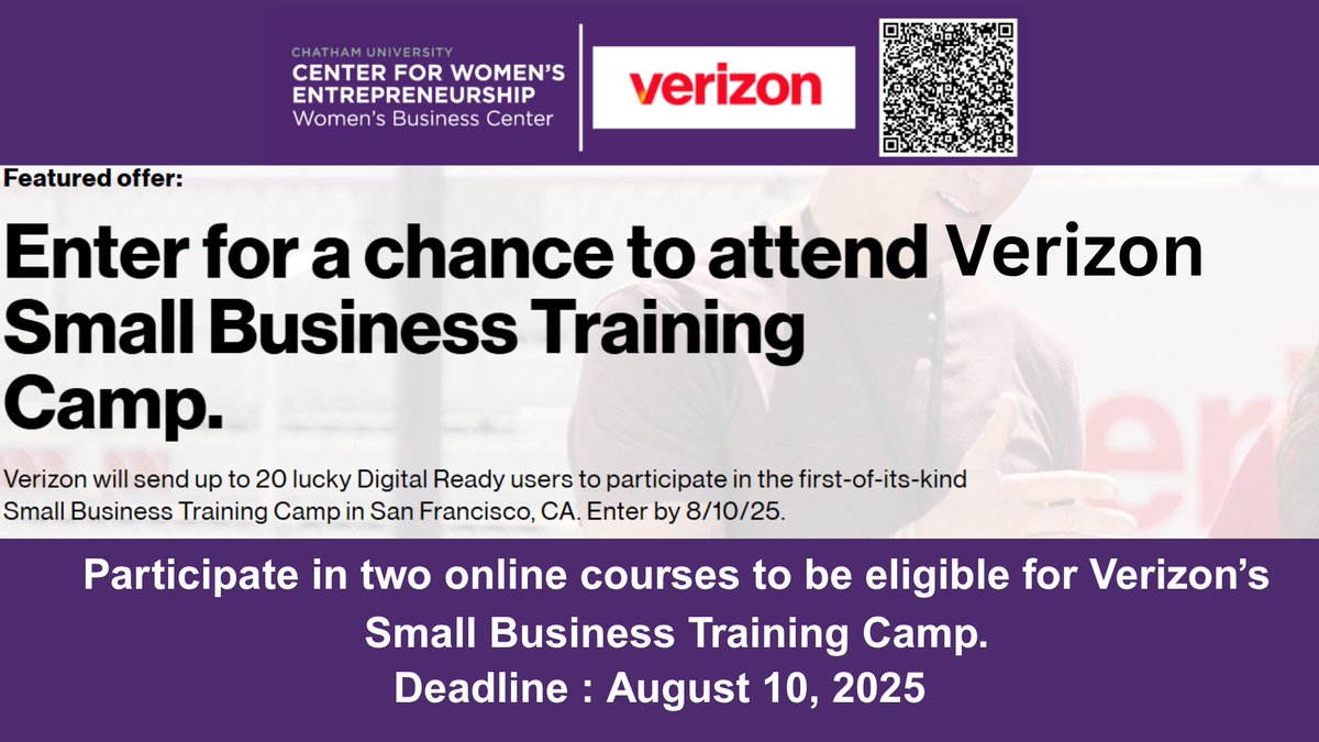 Verizon is offering a small business training camp for 20 small business owners. Use CWE's link to register and complete two online courses and surveys to be eligible to apply for this training camp. Register and learn more here : digitalready.verizonwireless.com/?utm_source=aw…