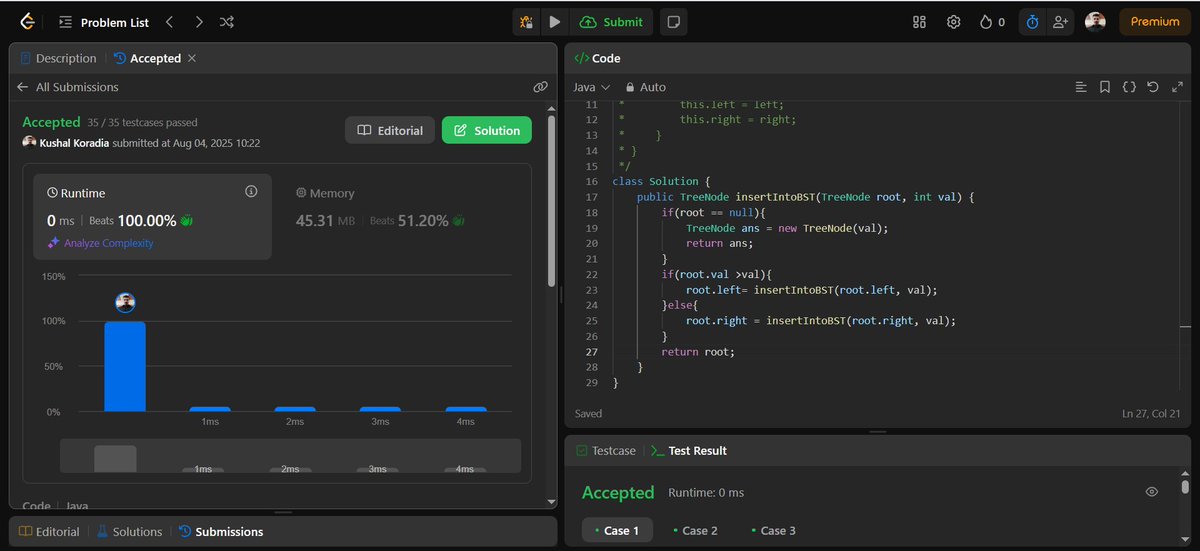 Kushal_Koradia's tweet image. โ
Day 74 of #100DaysOfDSA
๐LC 701: Insert into a Binary Search Tree
โข Created new TreeNode if root is null
โข Compared value with current node
โข Recurred left or right accordingly
โข Time: O(h), Space: O(h)
#BinarySearchTree