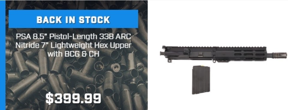 AKballistics's tweet photo. βοΈπ₯β‘οΈ https://t.co/akhYzg8pIP
New PSA .338arc 8.5 inch Complete Upper with Magazine,
Just $399.99.
Affiliate Link π₯βοΈ
#AR15 #Upper #338arc #GunDeals @palmettoarmory #2AShallNotBeInfringed
