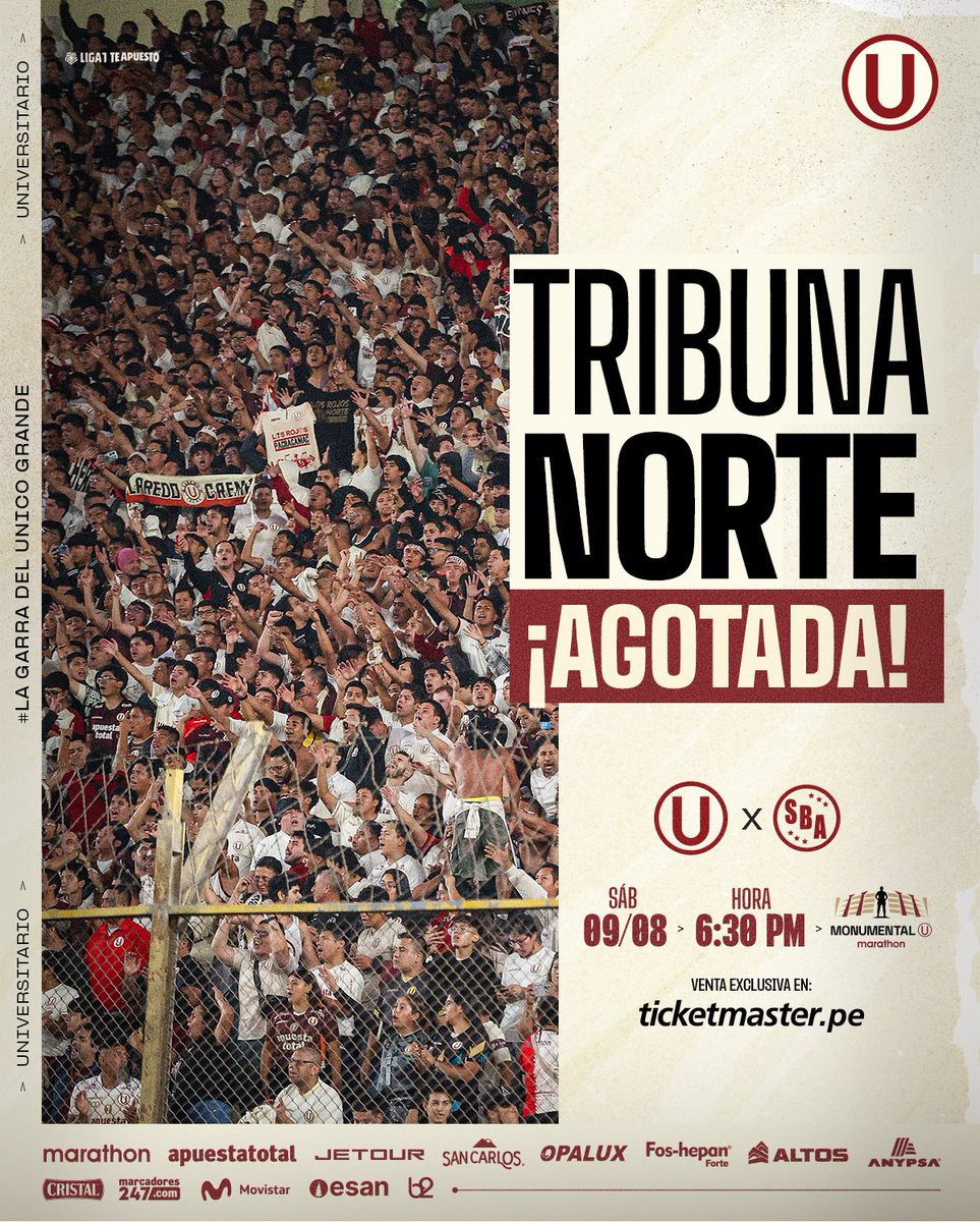 Universitario (@universitario) on Twitter photo ๐๐ฆ๐ง๐ ๐๐ฆ ๐๐ ๐๐๐ก๐๐๐๐๐ ๐๐๐ ๐ ๐๐ฅ๐๐ก๐๐จ๐ ๐ถ๐ถ๐ถ
Agotamos todas las entradas a la tribuna norte para nuestro partido ante Sport Boys por la fecha 5 del Clausura 2025.
๐๏ธ ยกEste partido lo jugamos todos! โถ๏ธ bit.ly/4l9AWD6
#LaGarraDelรnicoGrande ๐๐ฆ๐ง๐ ๐๐ฆ ๐๐ ๐๐๐ก๐๐๐๐๐ ๐๐๐ ๐ ๐๐ฅ๐๐ก๐๐จ๐ ๐ถ๐ถ๐ถ
Agotamos todas las entradas a la tribuna norte para nuestro partido ante Sport Boys por la fecha 5 del Clausura 2025.
๐๏ธ ยกEste partido lo jugamos todos! โถ๏ธ bit.ly/4l9AWD6
#LaGarraDelรnicoGrande