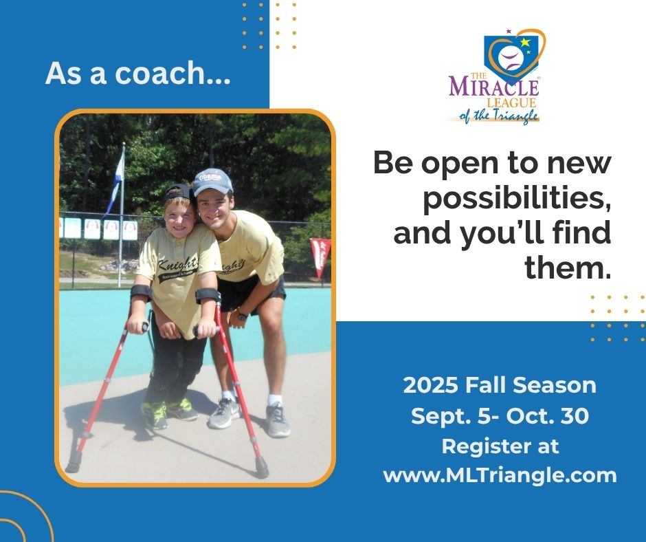 Miracle League Tri (@mlofthetriangle) on Twitter photo Ready for something fun & uplifting? We’re looking for dedicated coaches. Whether you're an experienced coach or just love the game, we need your help to create a positive, safe environment for our players with special needs! Contact KCoburn@MLTriangle.com for info or to apply. Ready for something fun & uplifting? We’re looking for dedicated coaches. Whether you're an experienced coach or just love the game, we need your help to create a positive, safe environment for our players with special needs! Contact KCoburn@MLTriangle.com for info or to apply.