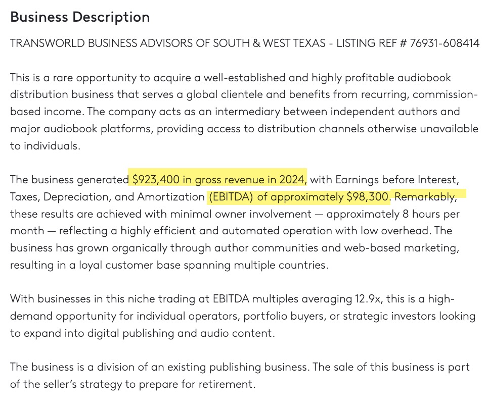 It is remarkable Bob. That you want 10x multiple on a 100k business.