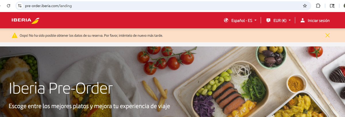 Una vez más, la página de @iberia con fallos. No me deja iniciar sesión ni tampoco me permite hacer una preorder.