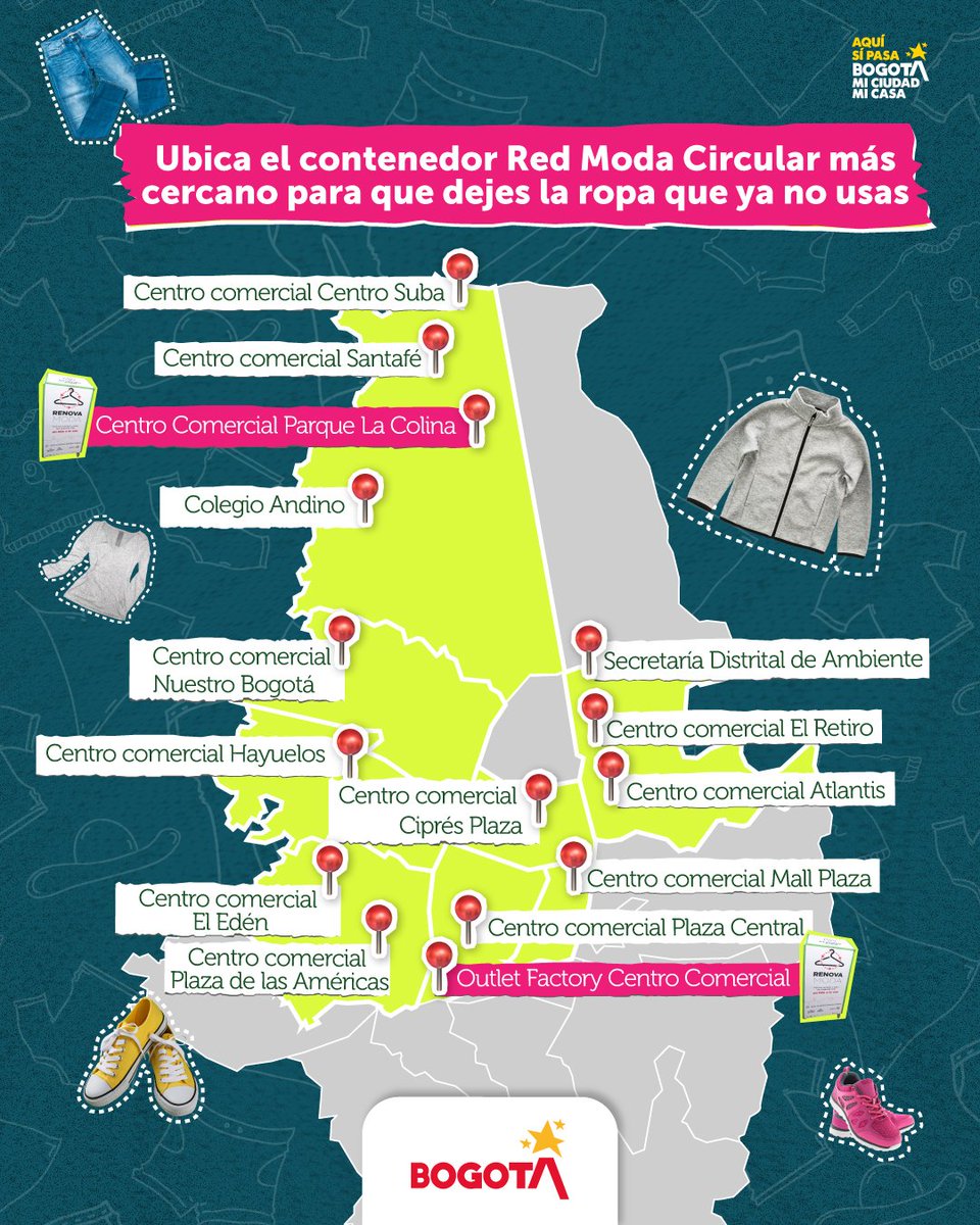 Ambientebogota's tweet image. 🤩 ¡Qué emoción!  Ya son 14 contenedores para recolección de ropa en desuso que tenemos por toda Bogotá 🧦🧤👖👕👔👒

📍Revisa en el mapa tu ubicación más cercana. 

#AquíSíPasa 👠 con la moda circular.

🟢 RenovaModa es posible gracias al acompañamiento de la @ANDI_Colombia…