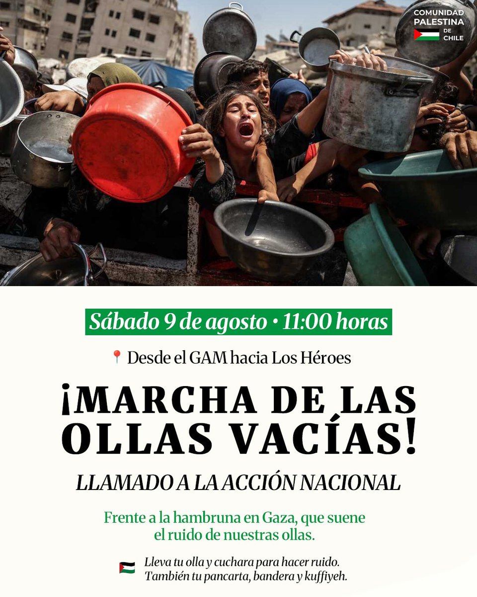 Comunidad Palestina en Chile convoca a una gran movilización MARCHA DE LAS OLLAS VACÍAS, Un grito de humanidad que exige el fin del genocidio en Gaza.  Este Sábado 9 de agosto, 11:00 horas desde el Centro Cultural Gabriela Mistral (GAM) 👇
piensaprensatv.cl/2025/08/04/com…

Esta semana, la