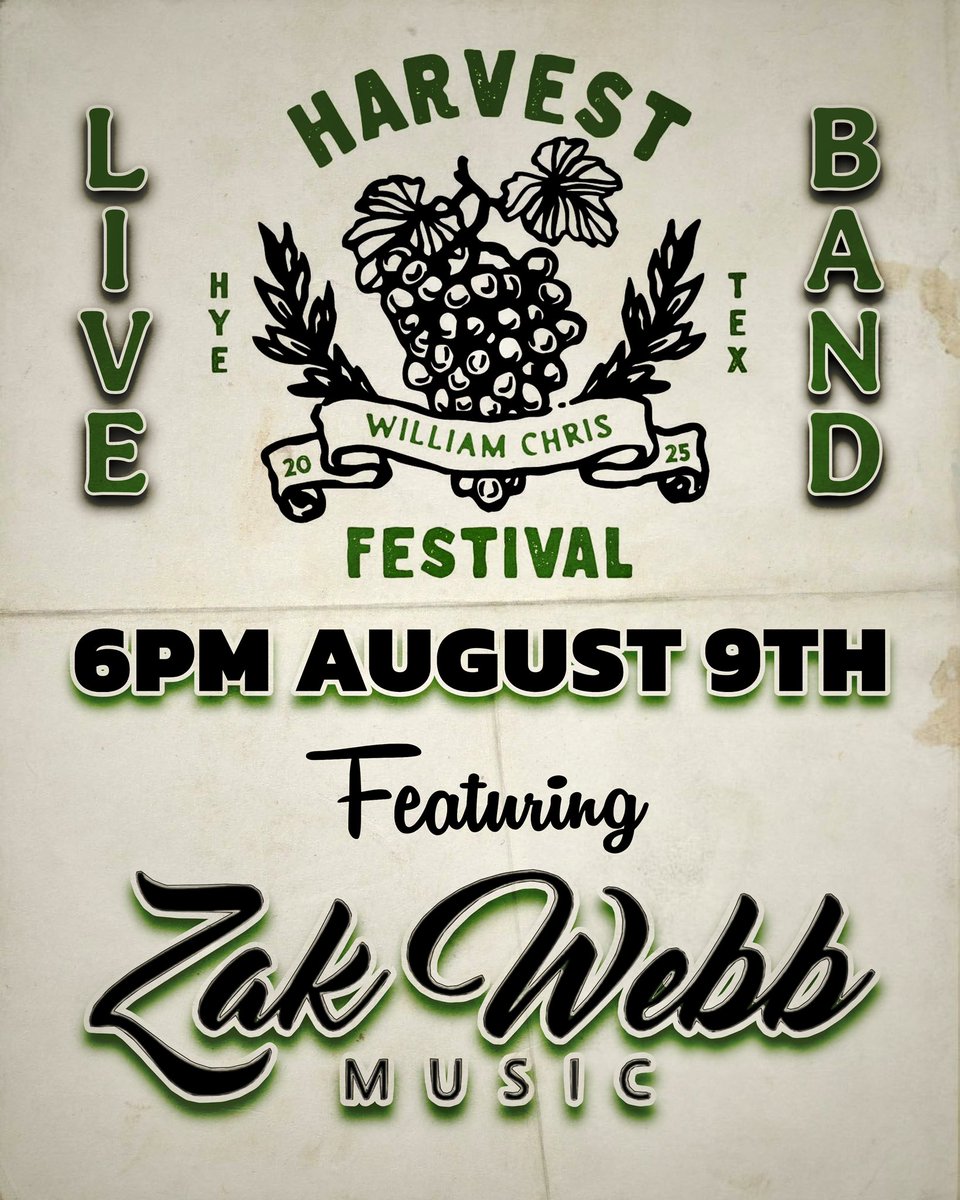 ☀️ It’s harvest time! Join us for William Chris Vineyards first annual Harvest Festival.
Get ready for an evening full of family-friendly fun, live music, great food &amp; grape punching.
🍇 Saturday, August 9th, 2025
🕡 6pm–9pm
#harvestfestival #wineevents #hyetexas #zakwebbmusic