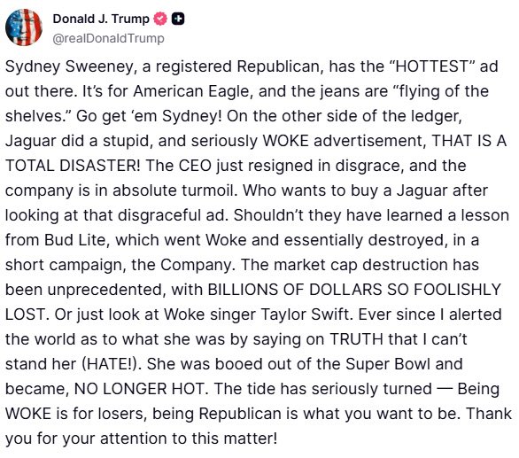 Trump has now updated his post about Sydney Sweeney lmfao