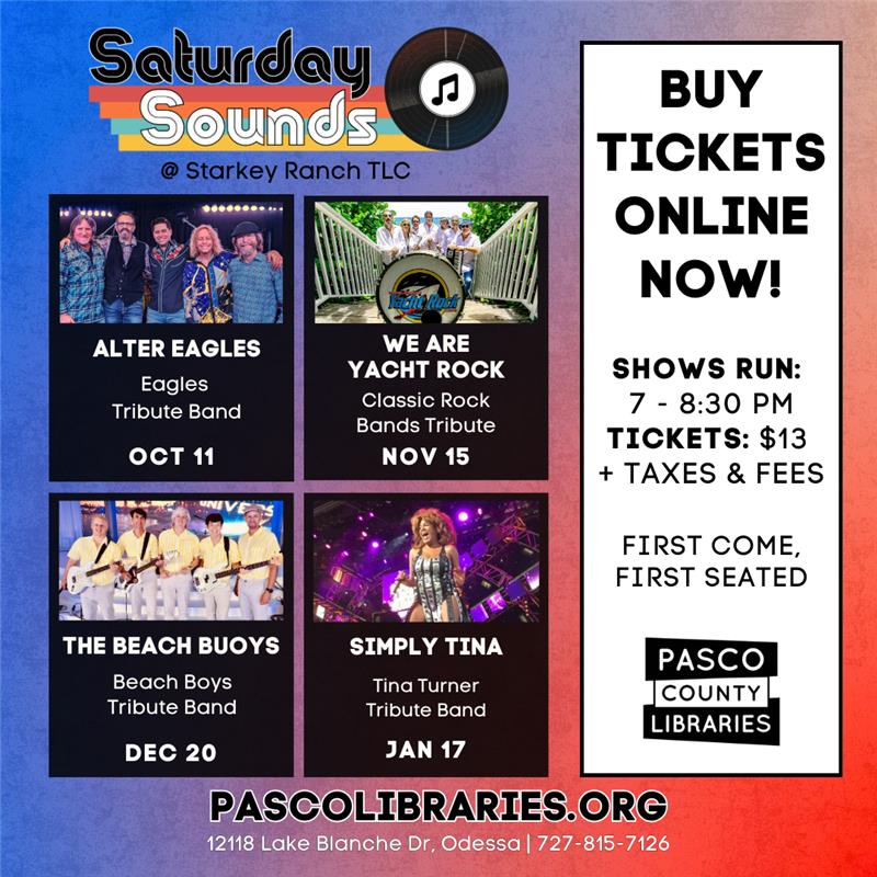 PascoLibraries's tweet image. Experience renowned tribute bands with Saturday Sounds at Starkey Ranch TLC 🎵 Tickets are $13 plus taxes &amp;amp; fees per person, per show. Seating is first come, first served. 

🎸 LEARN MORE: bit.ly/SRTheatreEvent
🎤 BUY NOW: bit.ly/SRTheatreTicke…