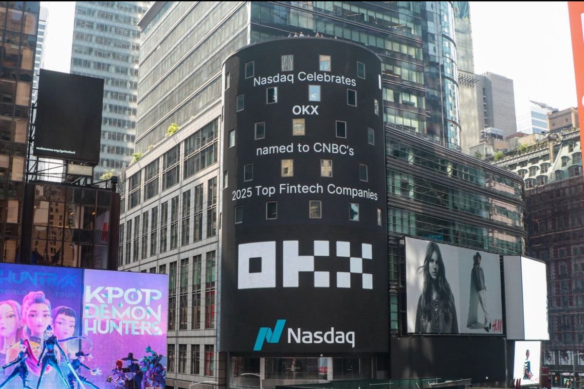 hfangca's tweet photo. When you see your logo quietly popping up in Times Square just like that - “as organic as this 🐔@Haider” - you know you’ve come a long way.

We are thankful for @CNBC nominating @okx as one of “2025 TOP Fintech companies” 🙏 

This just fuels our drive to build even more. Our work continues 🚀

#NiceSurprise