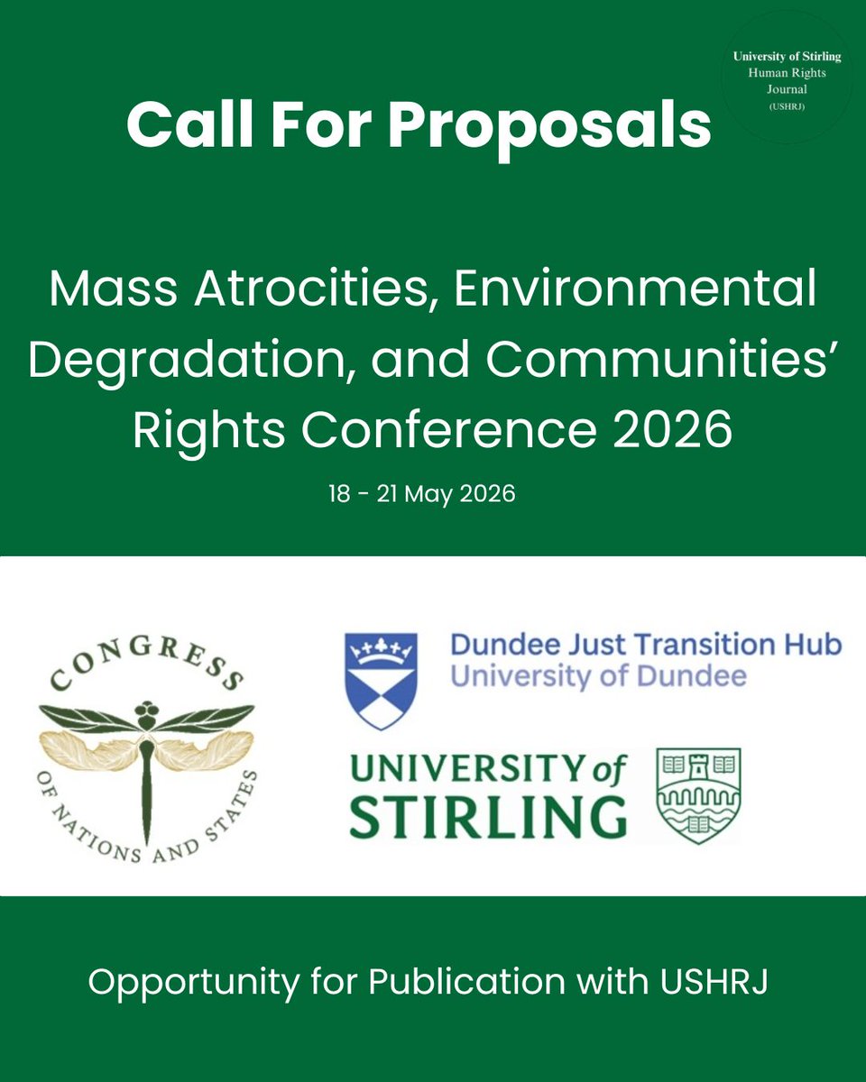 📢 Call for Papers: 2026 Conference on Mass Atrocities, Environmental Degradation &amp; Community Rights (18–21 May).

🗓️ Deadline: 15 Oct 2025 (11:59 PM ET)

📚Opportunity for publication in a USHRJ special issue.
  Details:meetdundeecityregion.co.uk/attending/conf…