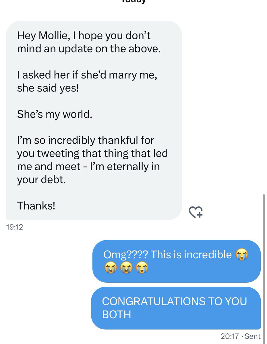 In June 2022 I received the DM on the left from a lovely Twitter stranger, tonight I received the one on the right 🥺🥺🥺 I love Love xxxx