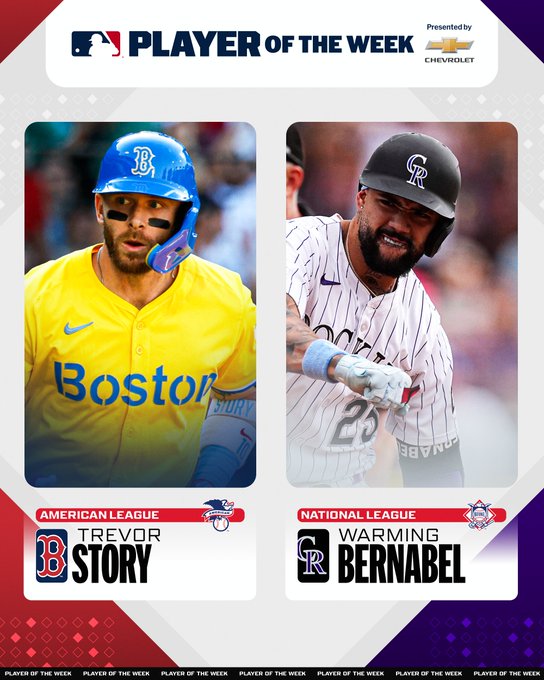 Player of the Week
Presented by Chevrolet
American League: Trevor Story, Red Sox
National League: Warming Bernabel, Rockies
Pictured: On left, Trevor Story wears a yellow Red Sox City Connect jersey with a blue batting helmet. On right, Warming Bernabel wears a white pinstriped Rockies with a black batting helmet.