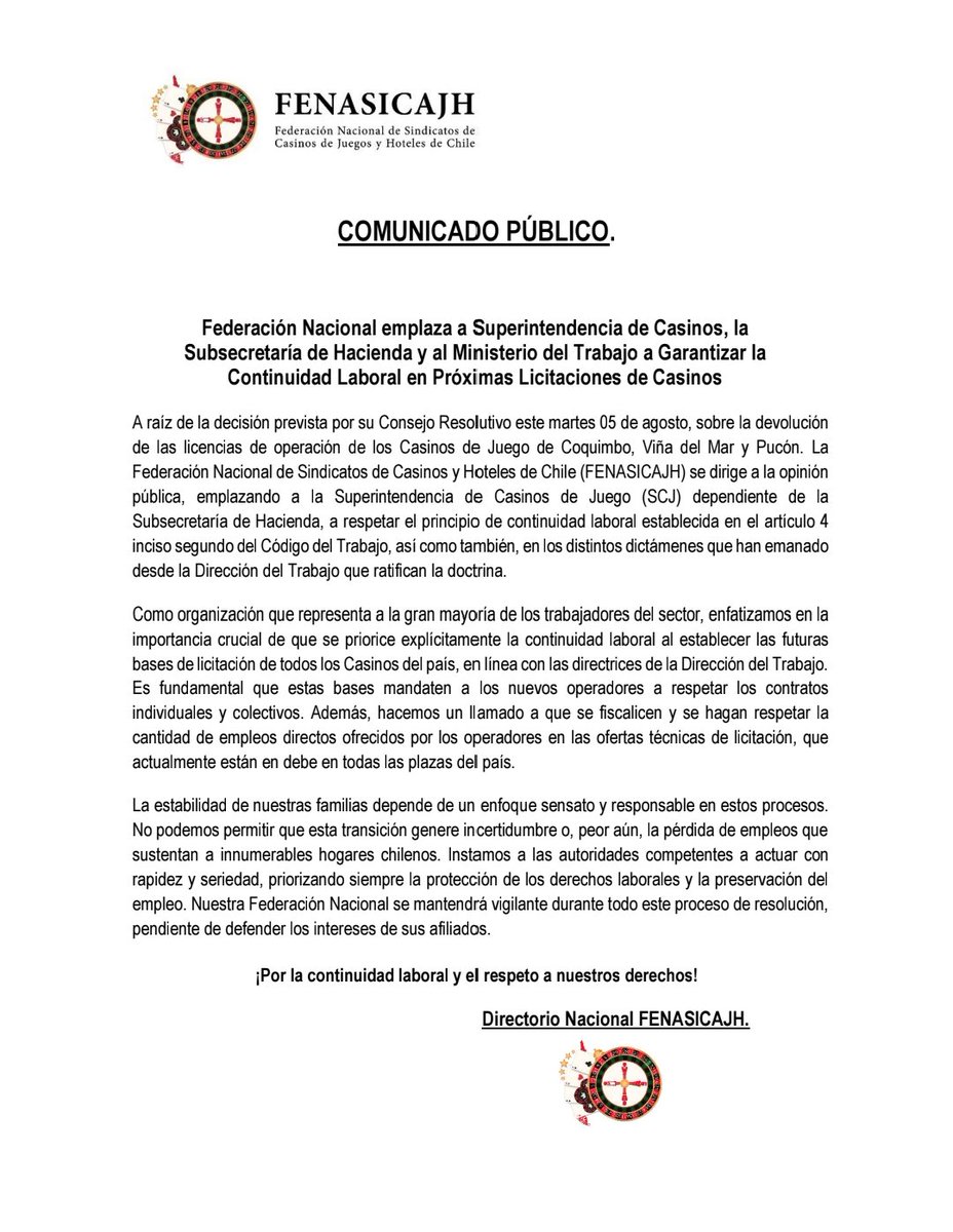 Comparto declaración que me envió el sindicato del casino Enjoy Coquimbo ante la devolución de licencia de tres casinos del país y la incertidumbre de su continuidad laboral