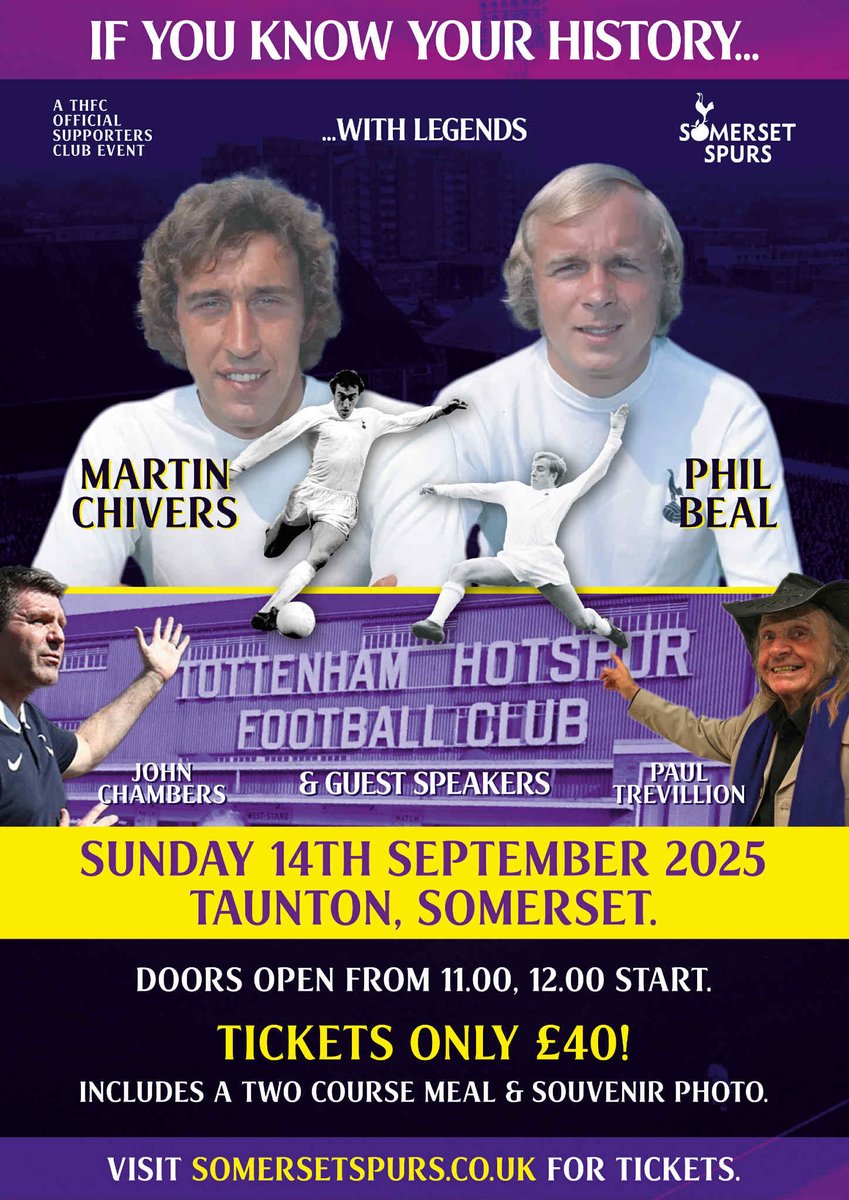 Delighted to announce our next legend event &amp; it's all about our incredible history 😍
From our formation in 1882 up to the current day, come along &amp; enjoy a day of Tottenham nostalgia. 
£40 for 4 speakers, 2 course meal &amp; souvenir photo is an absolute steal!!

<a href="/PaulTrevillion/">Paul Trevillion</a>
