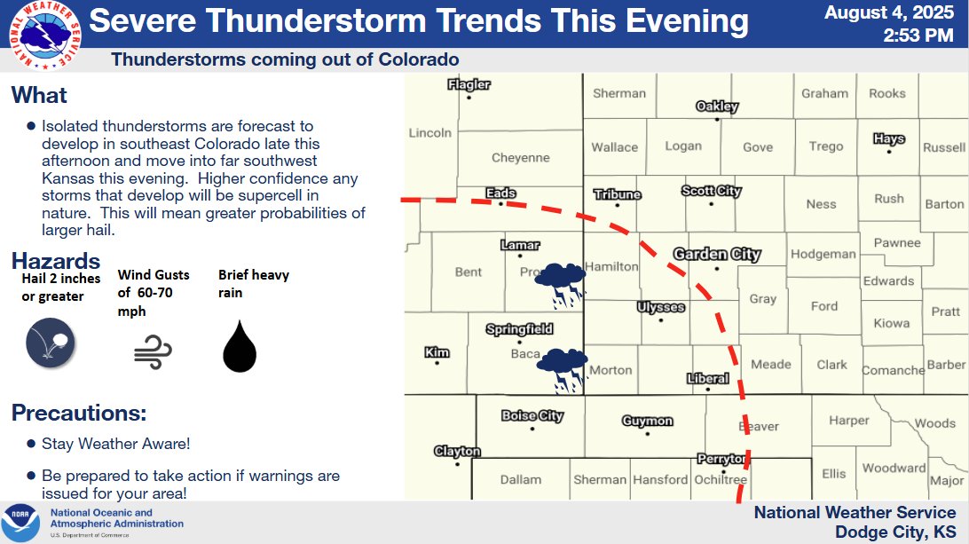 Portions of southwest Kansas will need to stay weather aware as a few supercell thunderstorms with large hail are possible this evening.  #kswx