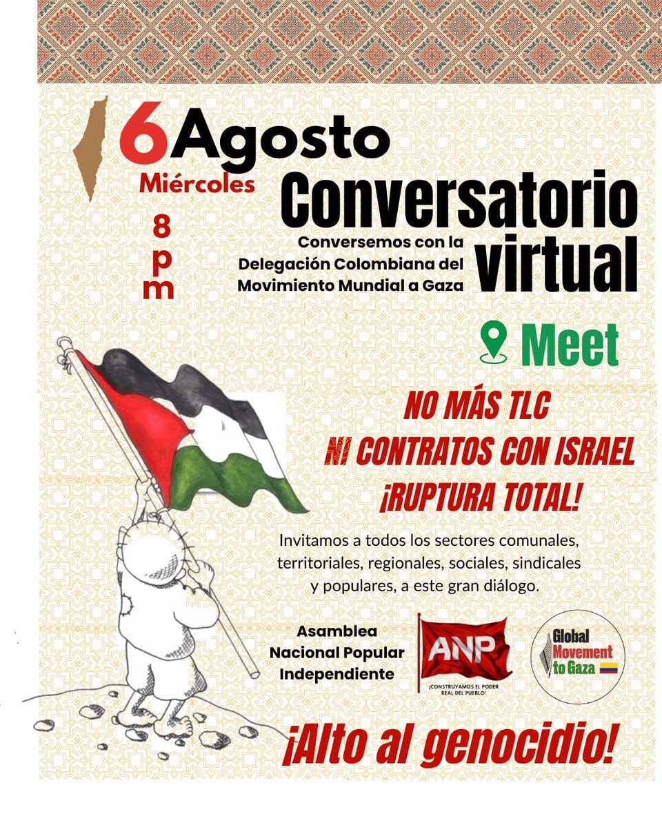 Los invitamos al conversatorio con la Delegación Colombiana del Movimiento Mundial a Gaza.

Link de la reunión: calendar.app.google/V9ppYfqnEq79Zp…