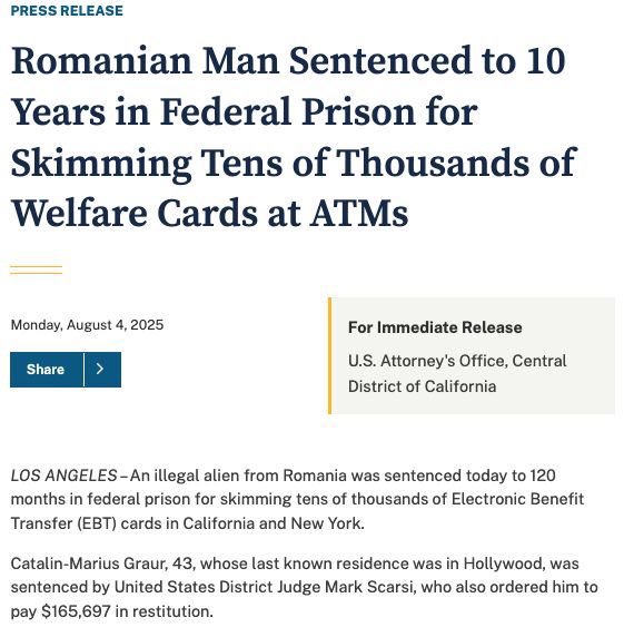 The thing that Democrats say never happens, happened again!

Illegal alien from Romania, Catalin-Marius Graur, sentenced to 10 years in prison for EBT benefits scam.

Graur intalled skimming devices in ATMs and POS terminals to record people’s account information, acquiring over