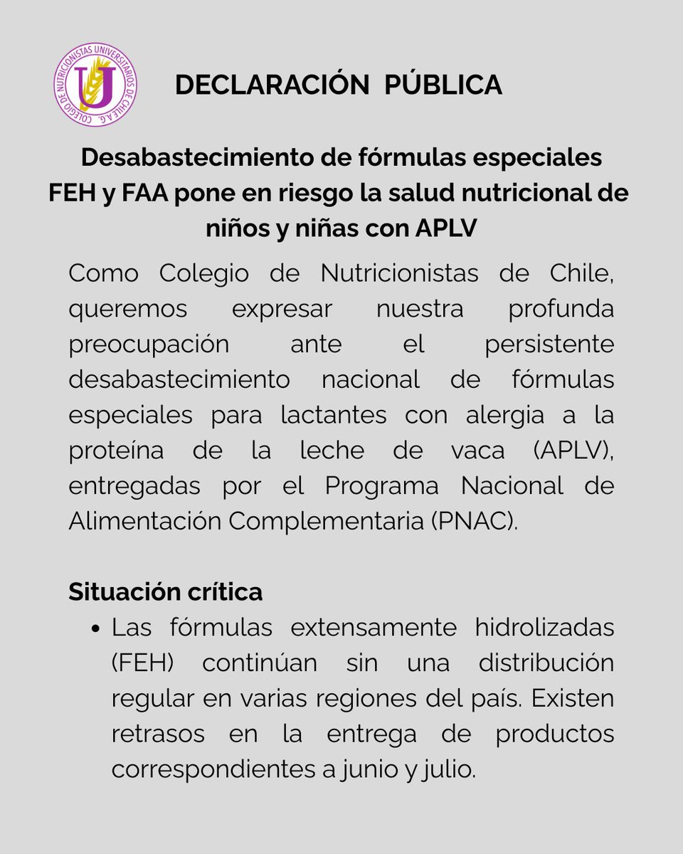 nutrichile's tweet image. Declaración Pública | 4 ago 2025
Desde el @nutrichile  alertamos por el desabastecimiento de fórmulas FEH y FAA para lactantes con APLV.