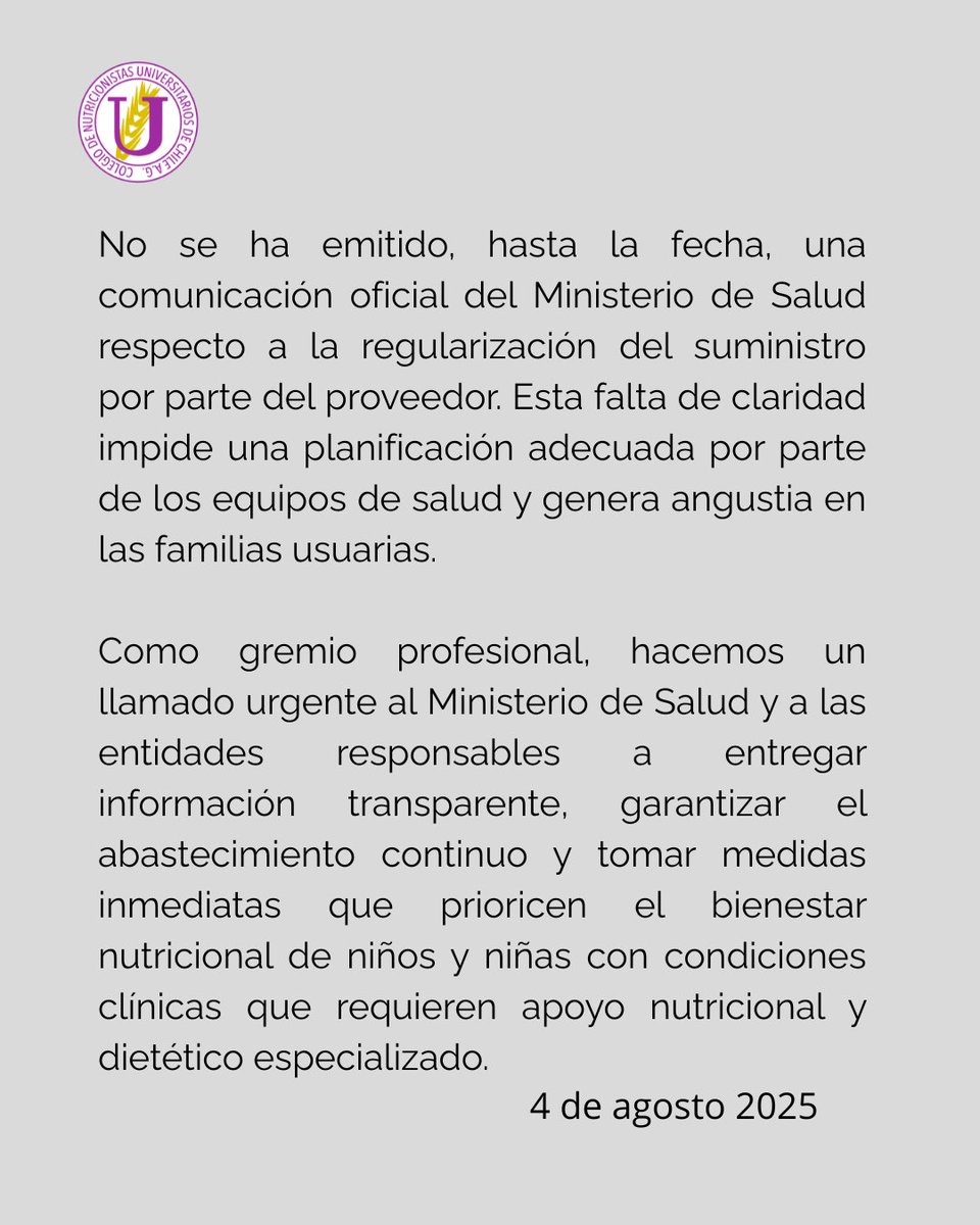 nutrichile's tweet image. Declaración Pública | 4 ago 2025
Desde el @nutrichile  alertamos por el desabastecimiento de fórmulas FEH y FAA para lactantes con APLV.
