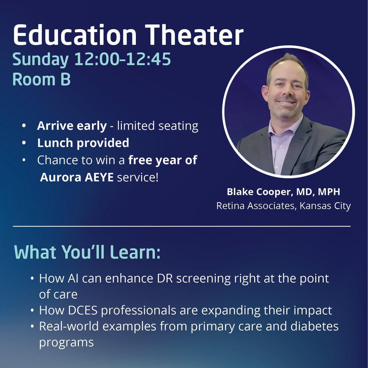 Attending #ADCES25 in Phoenix? Don’t miss Dr. Blake Cooper’s Education Theater session on boosting DR screening rates &amp; closing care gaps with the Aurora AEYE.
Visit us at booth #724
Add to your calendar: hubs.li/Q03BdC7r0

#AEYEHealth #OptomedUS #AuroraAEYE