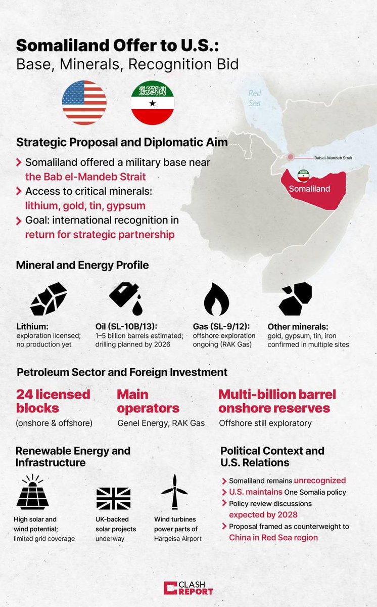Somaliland offers US military base near Bab el-Mandeb for recognition.

Includes access to lithium, gold, and oil blocks—drilling starts 2026.

Aims to counter China’s growing Red Sea influence.