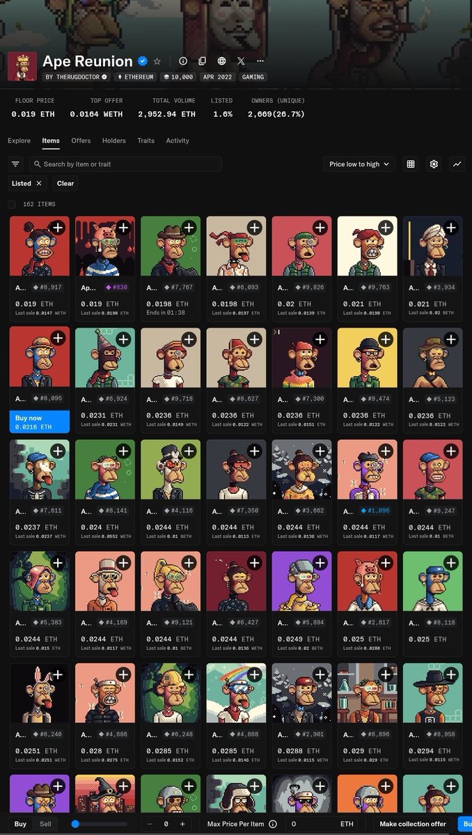ovoono (@ovoonoeth) on Twitter photo Only 163 listed out of 10k <a href="/ApeReunion/">Ape Reunion</a> ...
Do with this information what ever you want... Only 163 listed out of 10k <a href="/ApeReunion/">Ape Reunion</a> ...
Do with this information what ever you want...