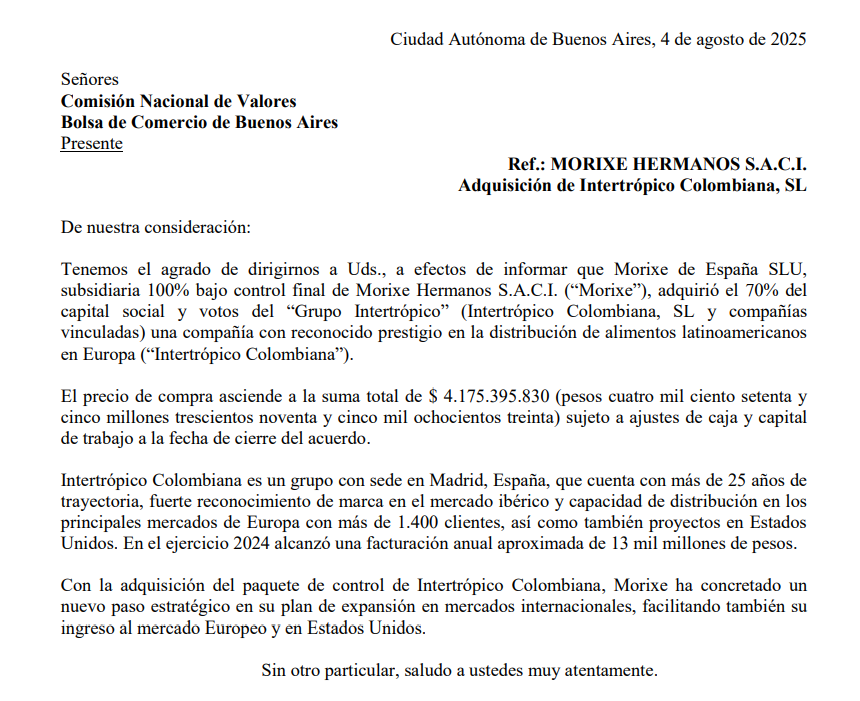 InversorPerga's tweet photo. 🚨 $MORI avanza en su internacionalización

La firma adquirió el 70% del Grupo Intertrópico, con sede en Madrid 🇪🇸, por $4.175 millones.

Intertrópico es líder en distribución de alimentos latinoamericanos en Europa, con más de 1.400 clientes y facturación 2024 ≈ $13.000 millones.

Con esta compra, Morixe suma presencia en Europa y EE.UU. 🌍📦

Impacto positivo en $COME que es la controlante.
