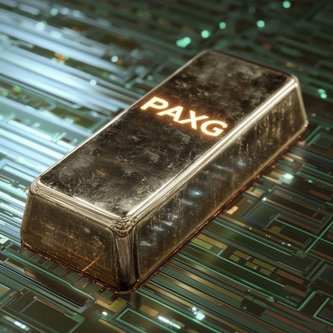 A digital representation of a PAXG gold bar on a blockchain circuit board