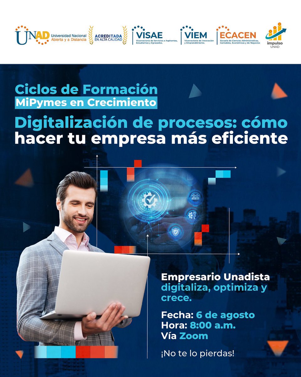 ¿Tu empresa está lista para operar con más agilidad y control? La digitalización no es una moda: es clave para crecer.
📆 Mié. 6 ago | 🕗 8:00 a.m. | 💻 Vía Zoom
Descubre herramientas para optimizar tus procesos.
🎯 ¡Inscríbete! 👉 forms.gle/1D4ev6mEKjENK8…
#MiPymesEnCrecimiento