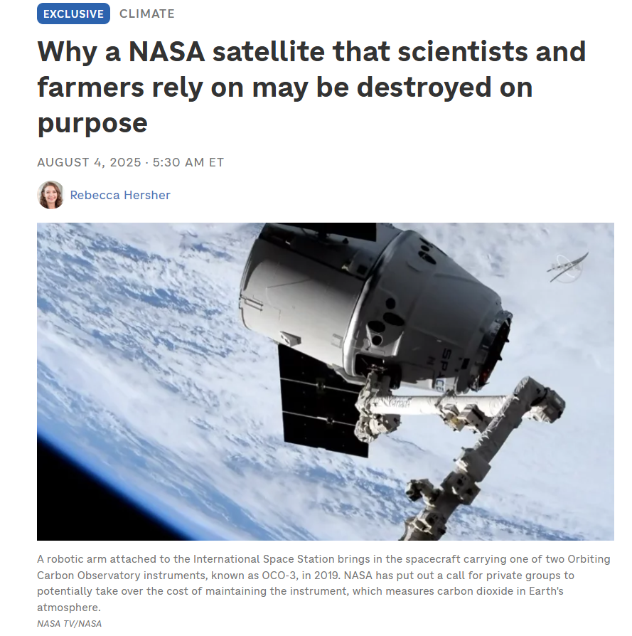 Yet another attack on US satellites and Earth Observation missions. Trump's admin is now planning to end two missions; OCO2 &amp; OCO3, that monitor global CO2 and plant photosynthesis vital to farmers. Almost as if he wants to hide the data from the public. (He does). What a Pillock