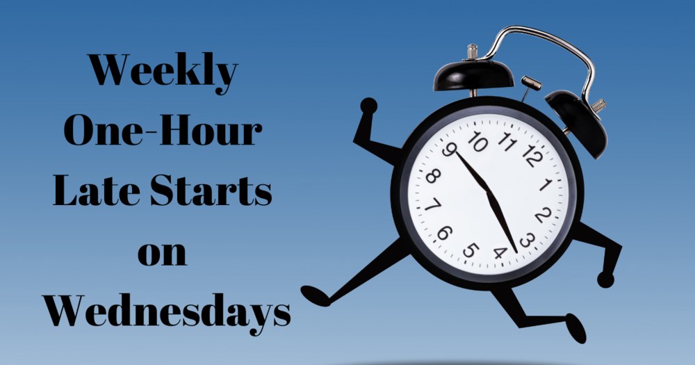 1-hour
A reminder about our 1-hour delayed start on Wed. mornings! Since the first day of school is on a Wed., students will report to school 1 hour later. This will continue for the remainder of the year.

Wed. start times:
DHS &amp; DMS - 9:10 am 
Elem. - 8:50 am
PreK - 10:00 am