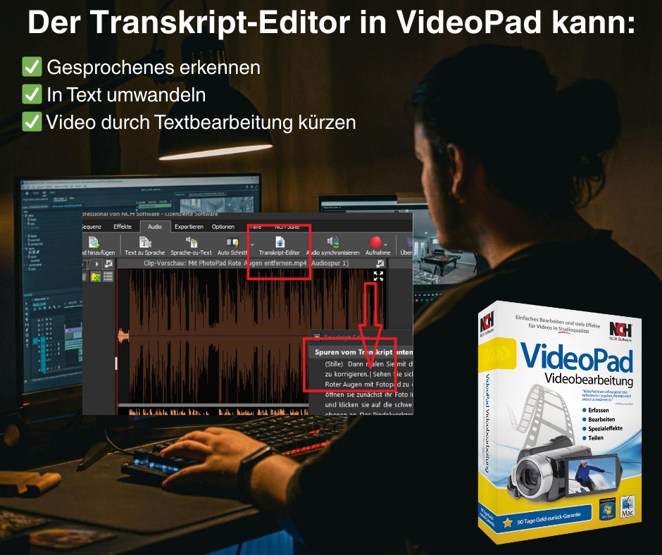 NCHSoftwareDE's tweet image. Neue Funktion: Jetzt in VideoPad schneiden – mit Transkript. Sprache wird Text. 
Textschnitt = Videoschnitt.
Einfach editieren wie im Textdokument. 
Gratis ausprobieren:  
nchsoftware.com/videopad/de/in…
#Sprache #Transkript #Contentflow #Gendern #KI #Videoschnitt