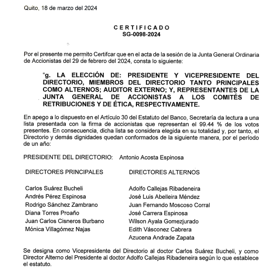 El Directorio del Banco del Pichincha debe remover a su Presidente Antonio Acosta Espinosa y nombrar al nuevo Presidente del Directorio.

Una persona que desprecia a sus clientes no puede estar al frente del banco.