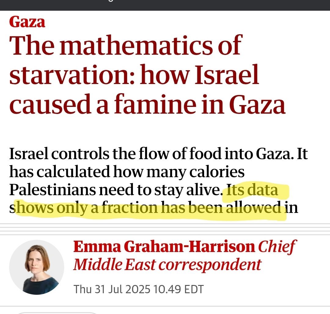 Yannay Spitzer (@yannayaspitzer) on Twitter photo A thread on how the <a href="/guardian/">The Guardian</a> deliberately misled its readers on how the food crisis in Gaza unfolded.
In this piece, chief Middle East correspondent <a href="/_EmmaGH/">Emma Graham-Harrison</a> laid out trends in food supply to Gaza since early 2025, aiming to explain how the crisis reached the brink of famine. A thread on how the <a href="/guardian/">The Guardian</a> deliberately misled its readers on how the food crisis in Gaza unfolded.
In this piece, chief Middle East correspondent <a href="/_EmmaGH/">Emma Graham-Harrison</a> laid out trends in food supply to Gaza since early 2025, aiming to explain how the crisis reached the brink of famine.