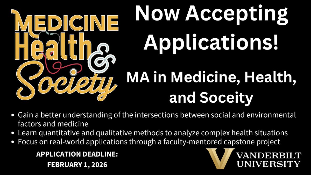 MHS Vanderbilt (@mhsvanderbilt) on Twitter photo Interested in contemporary healthcare? The MHS MA in Medicine, Health and Society is NOW ACCEPTING APPLICATIONS for 2026!
Learn more: as.vanderbilt.edu/medicine-healt…
Apply here: apply.vanderbilt.edu/apply/
<a href="/VUGradSchool/">VU Graduate School</a>
<a href="/vuartsci/">Vanderbilt College of Arts and Science</a> Interested in contemporary healthcare? The MHS MA in Medicine, Health and Society is NOW ACCEPTING APPLICATIONS for 2026!
Learn more: as.vanderbilt.edu/medicine-healt…
Apply here: apply.vanderbilt.edu/apply/
<a href="/VUGradSchool/">VU Graduate School</a>
<a href="/vuartsci/">Vanderbilt College of Arts and Science</a>