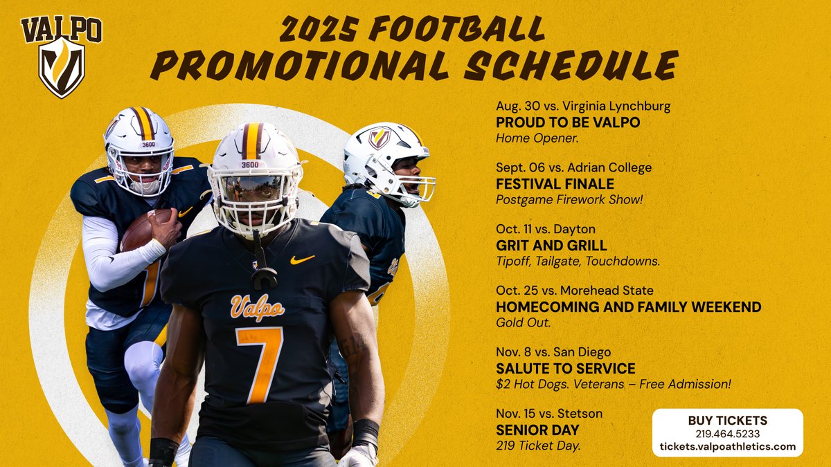 Valpo Athletics (@valpoathletics) on Twitter photo The 2025 <a href="/valpoufootball/">Valpo Football</a> promotional schedule has been released and single-game tickets are on sale now!
🎟️: tickets.valpoathletics.com
📝⬇️
valpoathletics.com/news/2025/8/4/… The 2025 <a href="/valpoufootball/">Valpo Football</a> promotional schedule has been released and single-game tickets are on sale now!
🎟️: tickets.valpoathletics.com
📝⬇️
valpoathletics.com/news/2025/8/4/…