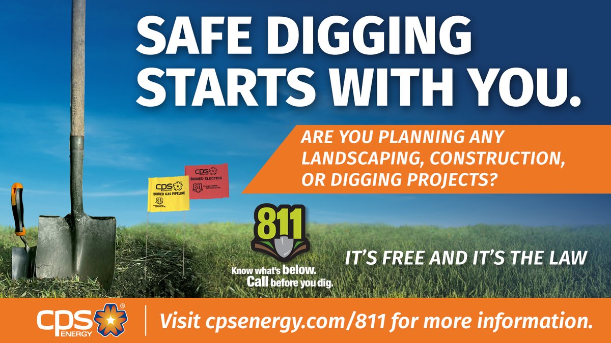 SAReport's tweet image. Sponsored: August 11 is #Call811Day, so @cpsenergy is reminding customers to always #Call811 before doing any digging to locate underground utility lines. ⚠️📲 Not only is this service free - it's the law. Learn more &amp;amp; submit an online request at cpsenergy.com/call811.
