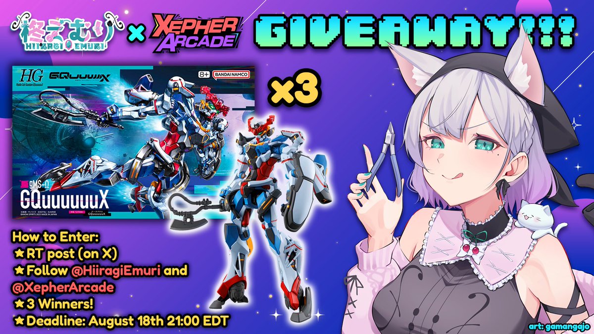 🔧GUNPLA GIVEAWAY🔧

Enter for a chance to win a free HG GQuuuuuuX model kit! ✨

Requirements:
✅Follow <a href="/HiiragiEmuri/">Emuri 🎻💍 柊えむり【GLITCH STARS☁️】</a> 
✅Follow <a href="/XepherArcade/">Xepher Arcade</a> 
✅RT this post

Winners drawn randomly in two weeks and will be contacted by Xepher Arcade!