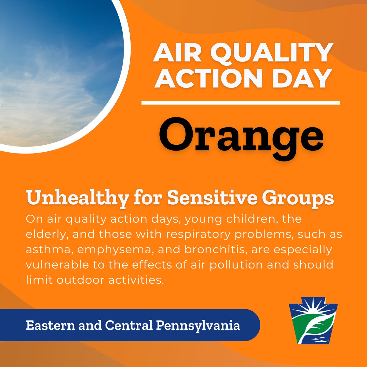 Code Orange Air Alert 🟠 Eastern and Central PA – Tuesday, Aug 5  

Smoke from wildfires will push into these areas of Pennsylvania. The air in these areas may be unhealthy for some people tomorrow.  

If you’re a child, older adult, or have breathing problems like asthma, try to