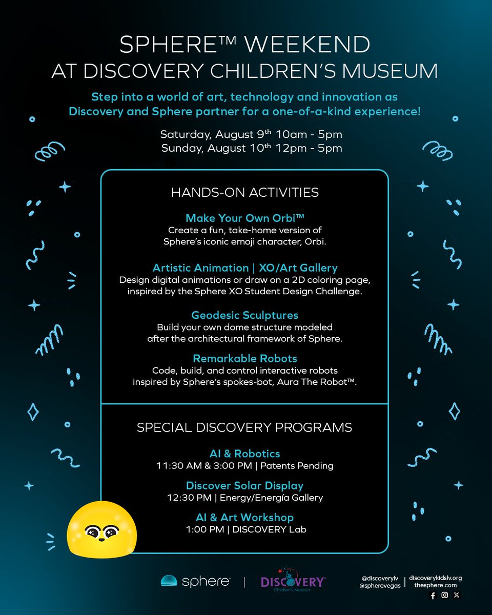 Join us at DISCOVERY Children’s Museum Las Vegas this Sat &amp; Sun for "Sphere Weekend"!

Enjoy hands-on activities &amp; special DISCOVERY programs inspired by Sphere and its next-generation technologies. Learn more: discoverykidslv.org/event-calendar…
