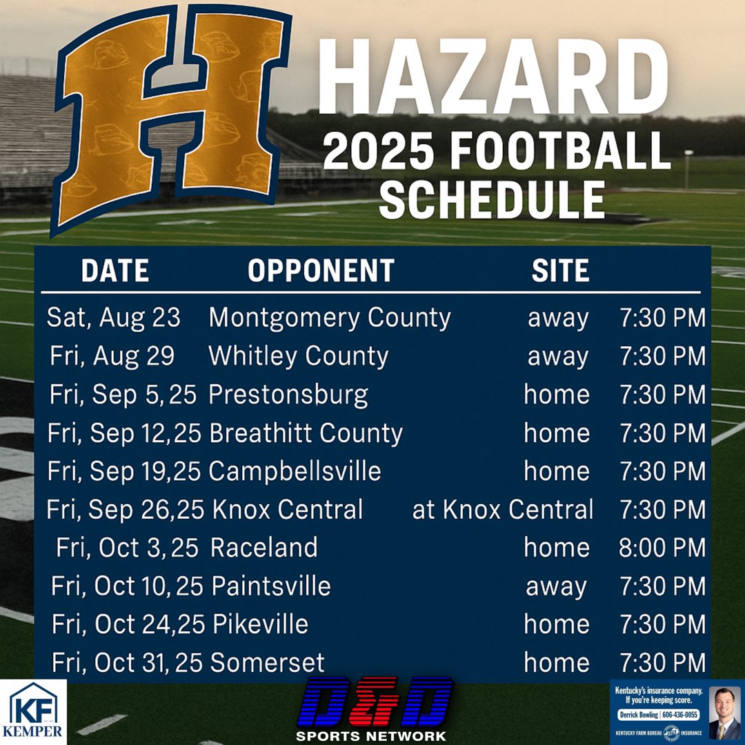 HAZARD BULLDOGS 2025 FOOTBALL SCHEDULE 

Coach Matt Chandler and the Hazard Bulldogs kick off their 2025 campaign at Montgomery County on August 23rd, from then on they have a gauntlet in front of them with one of the toughest schedules in the Coalfields. We expect Hazard to be